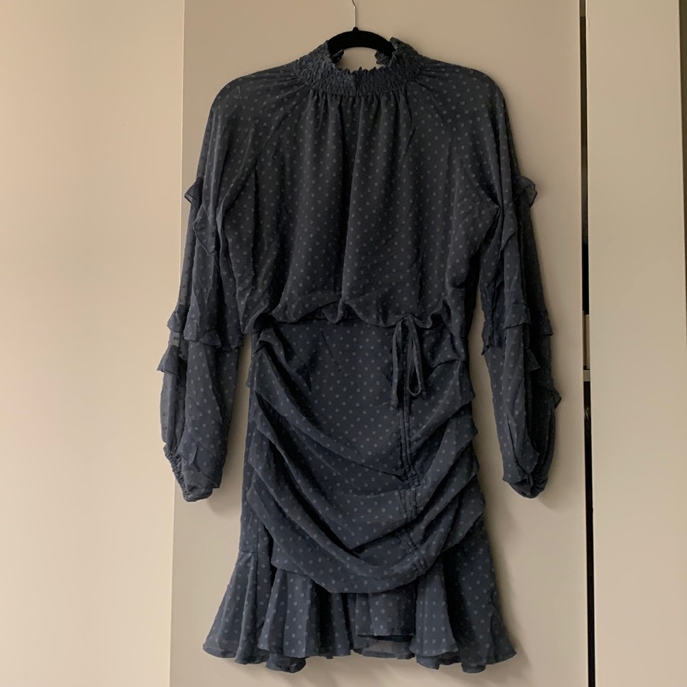 Dusty blue polka dot mock neck dress w/ zip side and tie to scrunch or lengthen